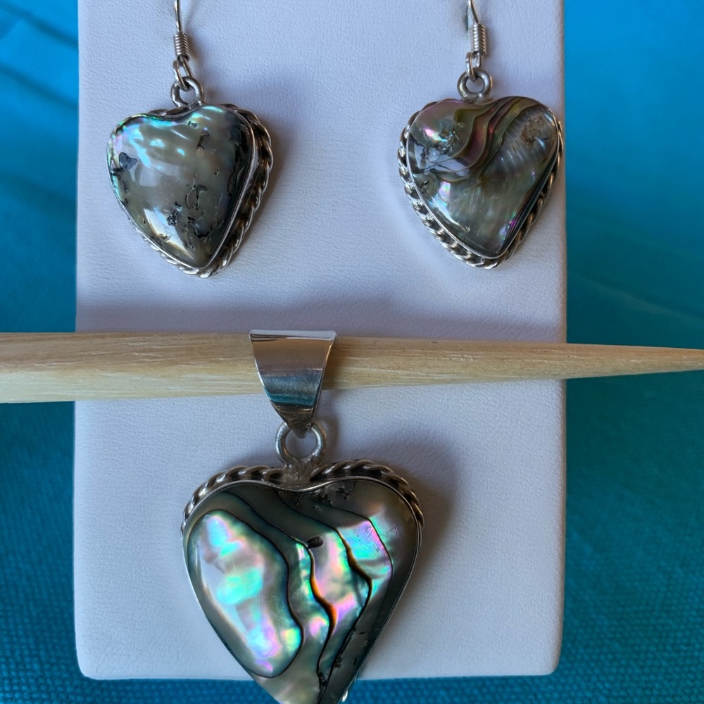 Vtg TAXCO Sterling Abalone Heart Pendant & Earrings